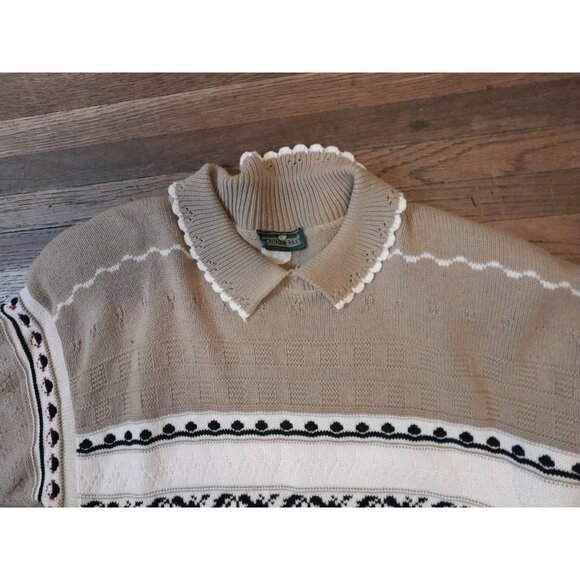 Vintage Womens Grandpa Sweater Sz Small Knit Polo 3D Beige Fair Isle Stripe - Picture 2 of 6